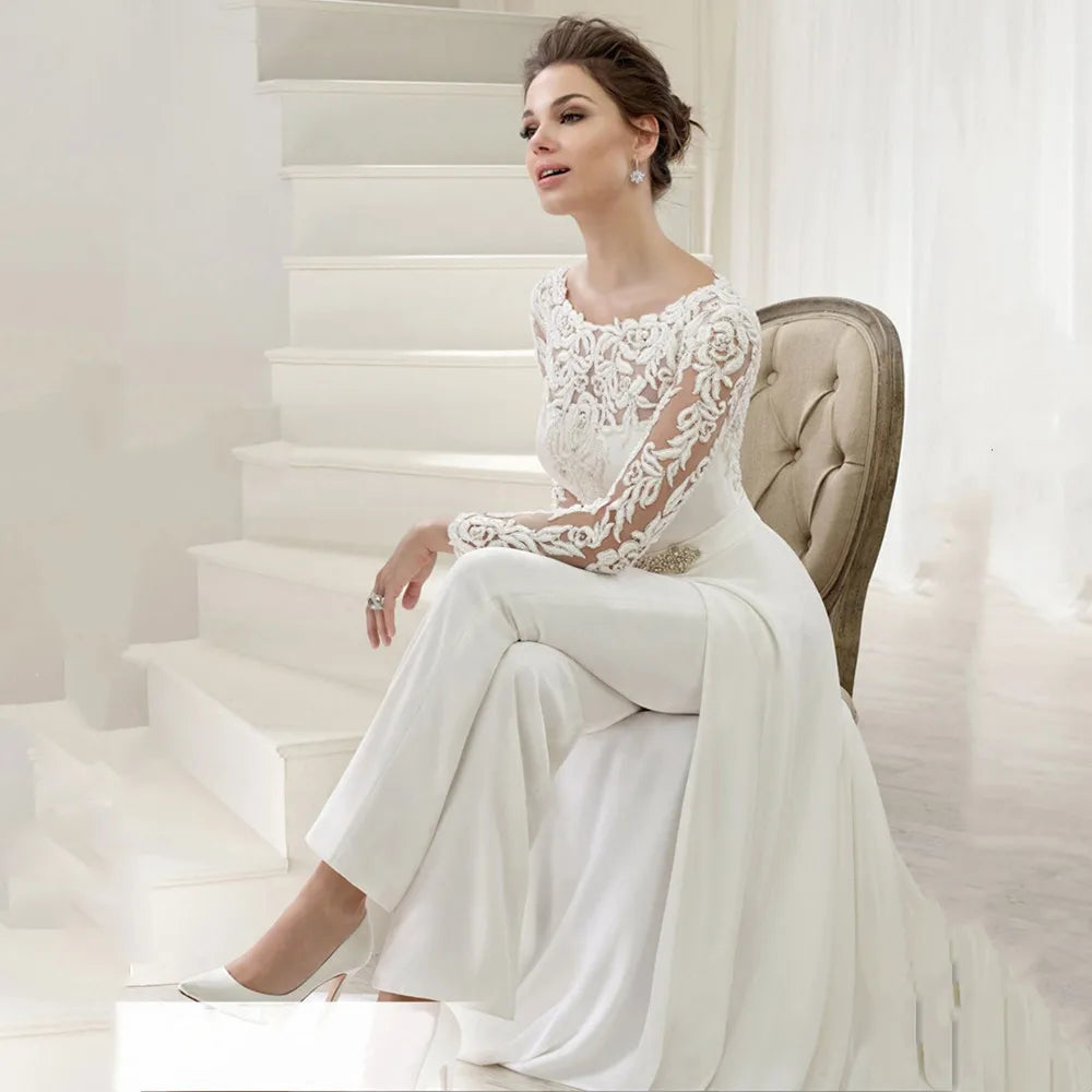 Jumpsuit Renda Gaun Pengantin Dengan Kereta Lengan Panjang yang Dapat Dilepas Lengan Panjang Gaun Pengantin Putih Formal Manik-manik Vestidos de Novia