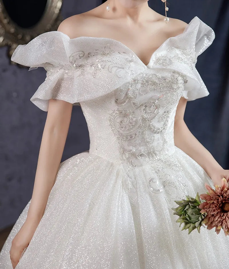 Abito da sposa da spalla Abito a palla dolce perle in pizzo di lusso per perle da sposa vestido de noviva plus sizee dy de mariee