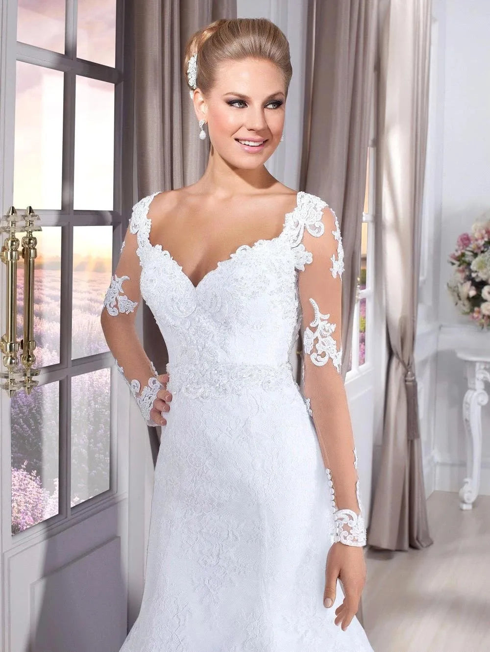 Sweetheart Lace Appliques Slim Mermaid Long Sleeves Wedding Dresses Natural Waistline Bridal Gowns Custom Made