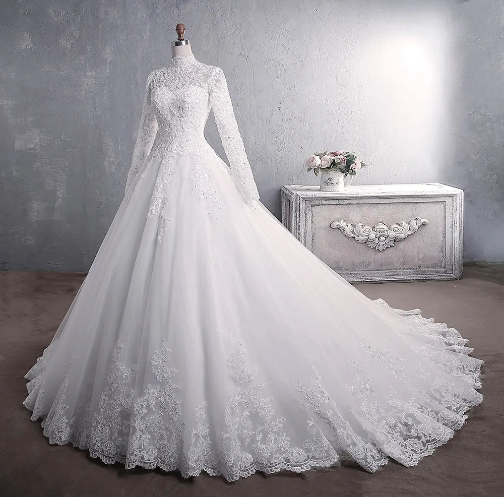 Muslimisches Hochzeitskleid eleganter hoher Hals mit Zug Prinzessin Braut Kleid Luxus Lace Stickerei Hochzeitskleid Vestido de Noiva