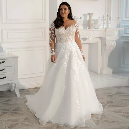 Abiti da sposa in pizzo vintage Plus size eleganti eleganti maniche lunghe da donna, raccoglie una linea abiti da sposa in tulle