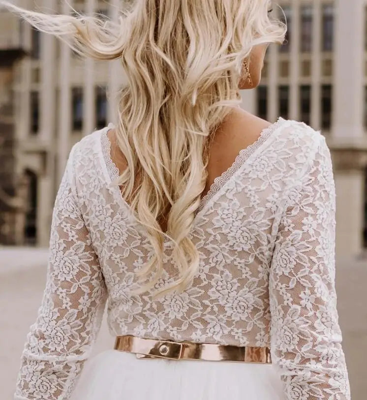 Pakaian perkahwinan pendek untuk wanita panjang lutut lengan panjang pengantin dengan tali pinggang gading putih tali pinggang a-line gaun pengantin yang menawan