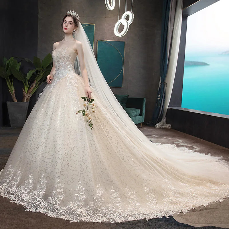 Vestido De novia Gryffon, vestido De novia clásico sin tirantes con tren, vestido De baile con cordones, vestido De novia bordado De encaje De lujo