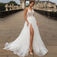 Sparkling Tulle Wedding Dresses High Quality Sexy Deep V-Neck Lace Appliqued Beach Boho Shiny Bridal Gowns with Split
