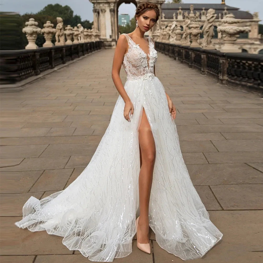 Sparkling Tulle Wedding Dresses Sexy Deep V-Neck Lace Appliqued Beach Boho Shiny Bridal Gowns with Split Ivory