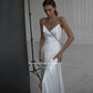 V-Neck White Wedding Dresses Sexy Spaghetti Straps Side Thigh-Slit Bride Dresses Soft Satin A-Line Wedding Gowns