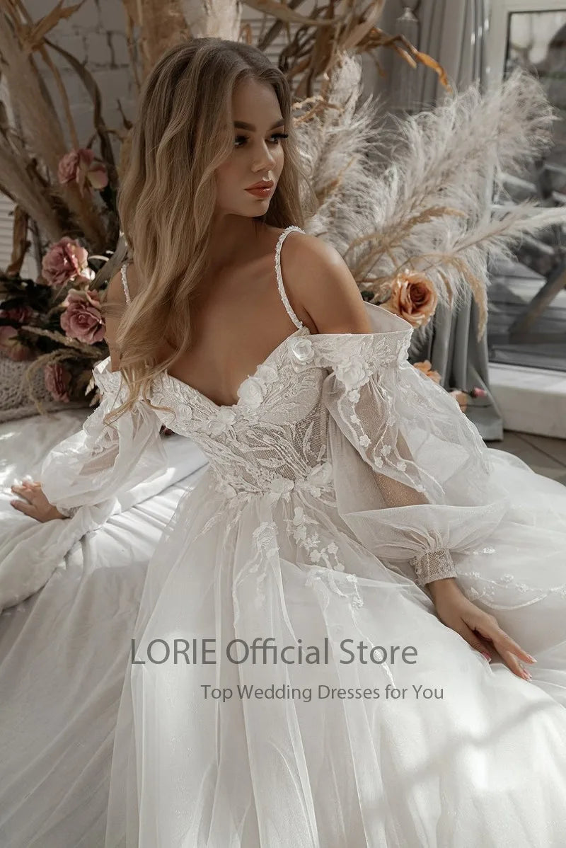 Lorie Glitter Gaun Perkahwinan Puff Lengan Appliques Renda 3d Bunga dari bahu tulle boho Bride gaun Vestidos de Novia