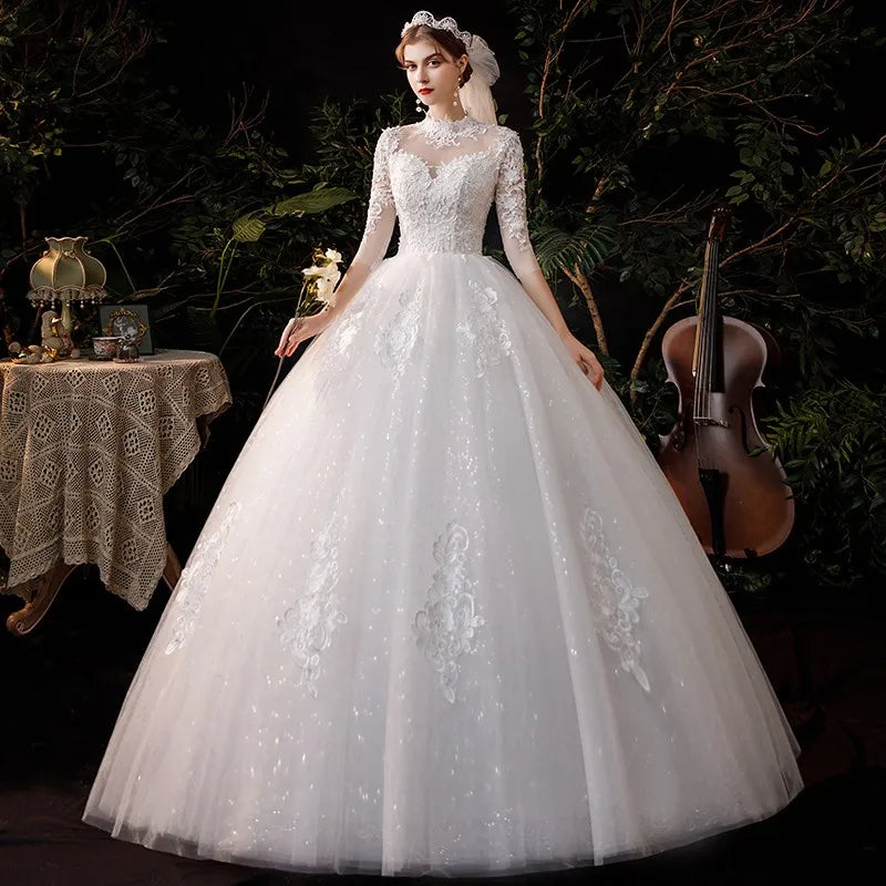 Wedding Dress Noble Three Quarter Sleeve Bridal Dress Elegant High Neck Ball Gown Princess Vestido De Noiva Plus Customize