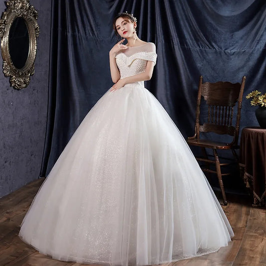 Robe De mariée Lxuury perle col rond robe De mariée à lacets robe De bal classique paillettes Tulle Vestido De Noiva grande taille