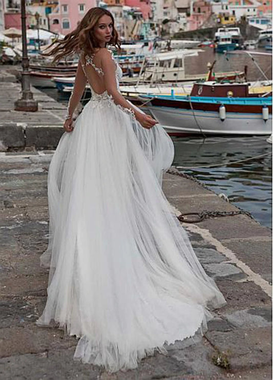 Gaun Pengantin Pantai Sisi Seksi Boho A-Line Gaun Pengantin Panjang Lengan Backless Backless Bohemian Bridal Gowns Vestidos de Novia