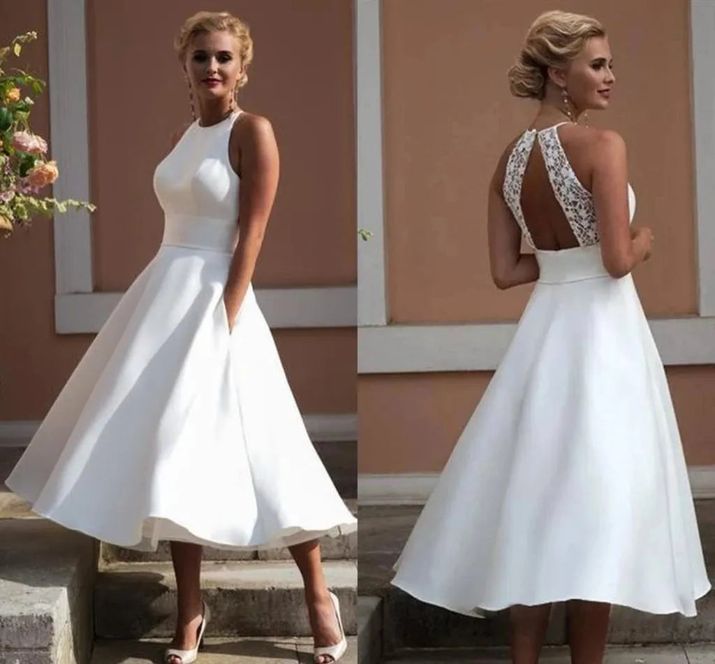 Wedding Dress Short O-Neck Sleeveless A-Line With Pocket Custom Made Knee Length Bridal Gowns White Gorgeous Price 24w
