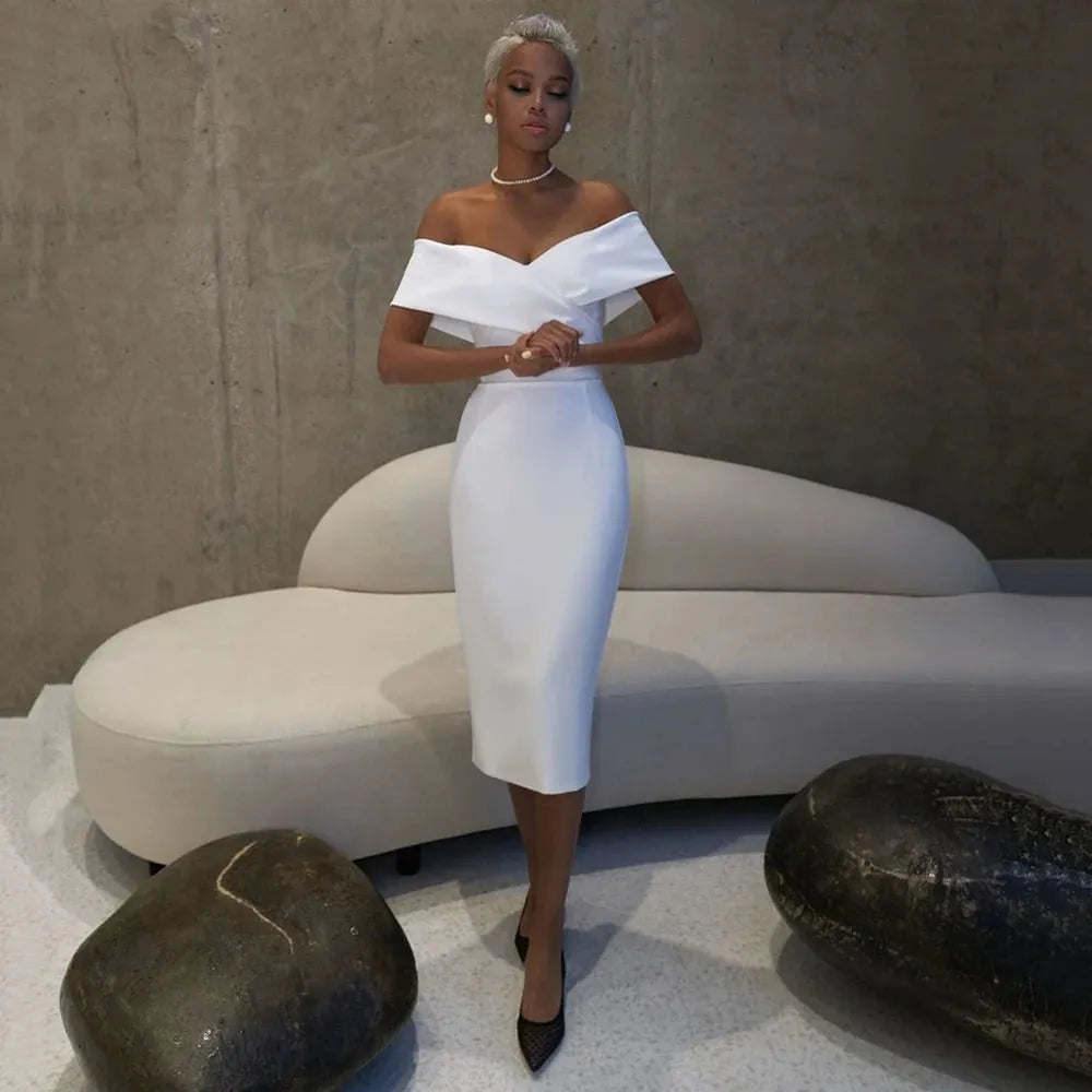 Simple White Knee Length Sheath Satin Wedding Dress Off The Shoulder V Neck Bridal Gown Short Sleeves Brides Dress Vestido De 14w