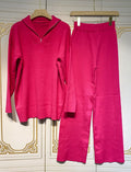 Casual Autumn Loose Knit Sweater Set Fashion Zip Lapel Long Sleeve Pullover Sweater & Straight Pants Two-piece Set Rose Red
