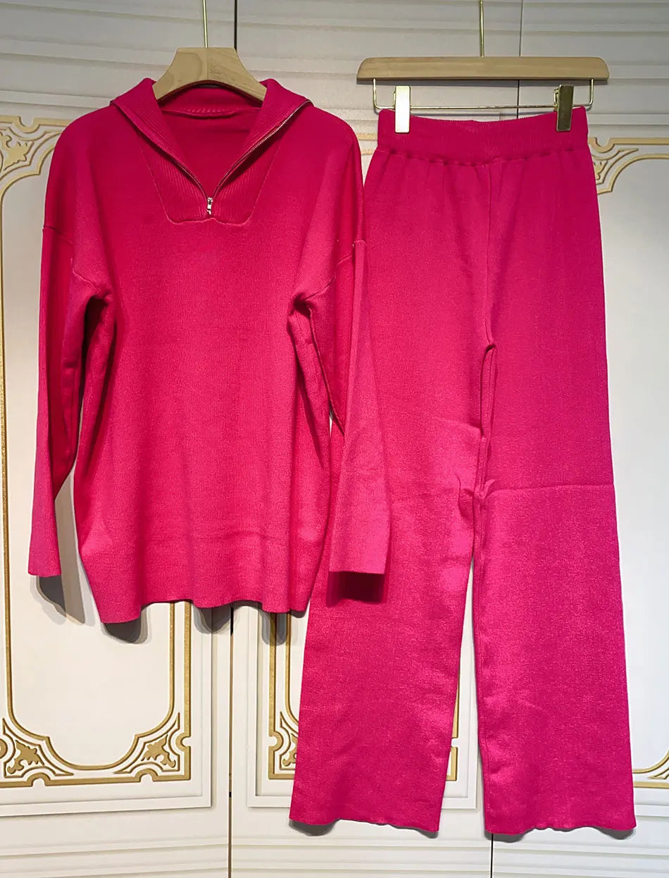 Casual Autumn Loose Knit Sweater Set Fashion Zip Lapel Long Sleeve Pullover Sweater & Straight Pants Two-piece Set Rose Red