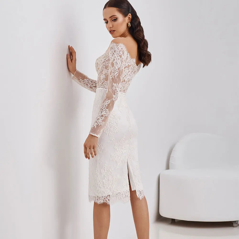 Gaun pengantin renda pendek yang elegan dari bahu gaun pengantin lengan panjang vintage custom dibuat plus ukuran vestidos de novia