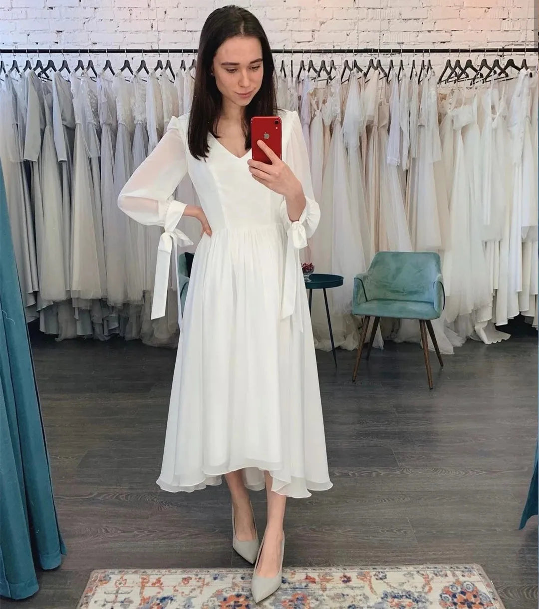Short Wedding Dress Knee Length Long Sleeve Chiffon With Bow Robe De Marie Custom Made Charming Beach For Women New Floor length