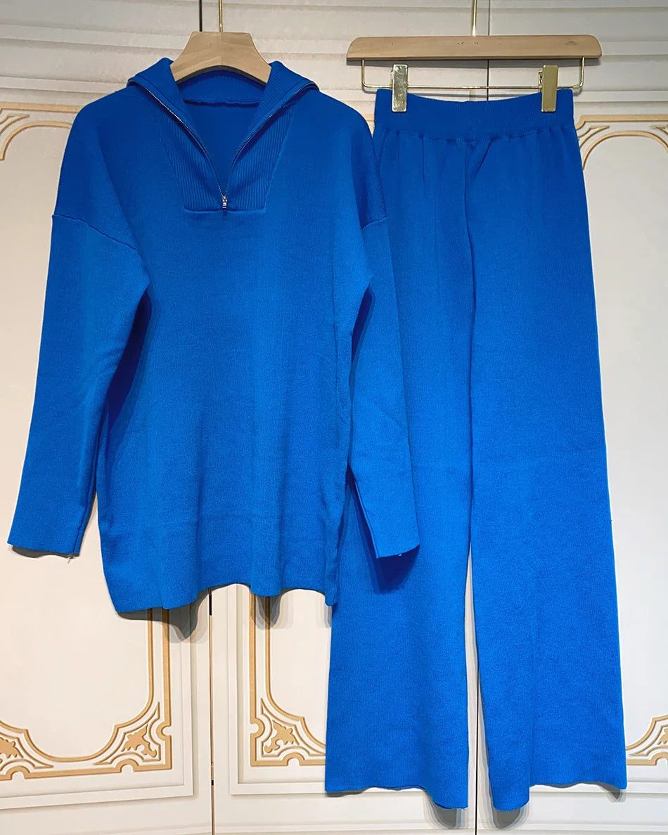 Casual Autumn Loose Knit Sweater Set Fashion Zip Lapel Long Sleeve Pullover Sweater & Straight Pants Two-piece Set Blue