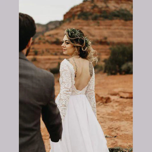 Gaun pengantin pantai sederhana lengan panjang putih tulle renda gaun pengantin bohemian gaun pengantin vestidos de novia trouwjurk