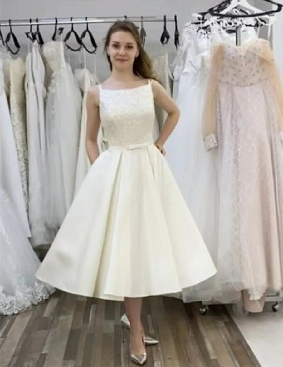 Wedding Dress Short Knee Length Sleeveless Satin Shinny Backless Elegant Women Bridal Gowns Lace up Custom Made Size Knee Length 14w