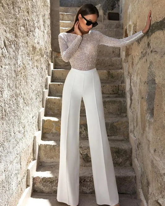 Scoop scintilla salta per le tute da sposa pantaloni a maniche lunghe per matrimonio senza schienale elegante abito da sposa Vestido de nolia personalizzato