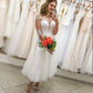 Kurzes Hochzeitskleid 3/4 Ärmel Prinzessin A-Line Länge Kniespitzen Applikationen Brautkleid Robe de Mariee für Frauen