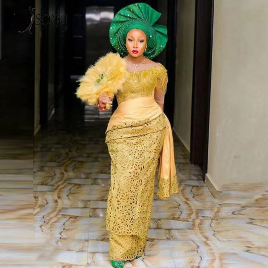 Elegant Gold Lace Mermaid Evening Dress Aso Ebi Style Nigerian Prom Dresses Long Floor Length African Women Party Gowns Custom