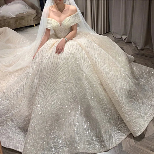 Robe De mariée De luxe à paillettes, col bateau classique, épaules dénudées, Robe De mariée personnalisée 