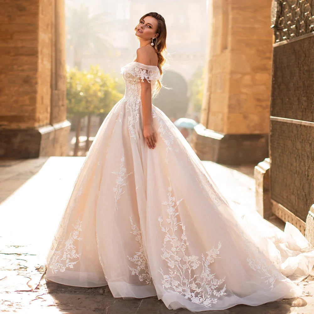 Gaun pengantin gaun bola cantik indah dari bahu sayang renda glitter tulle sapuan kereta api bridal