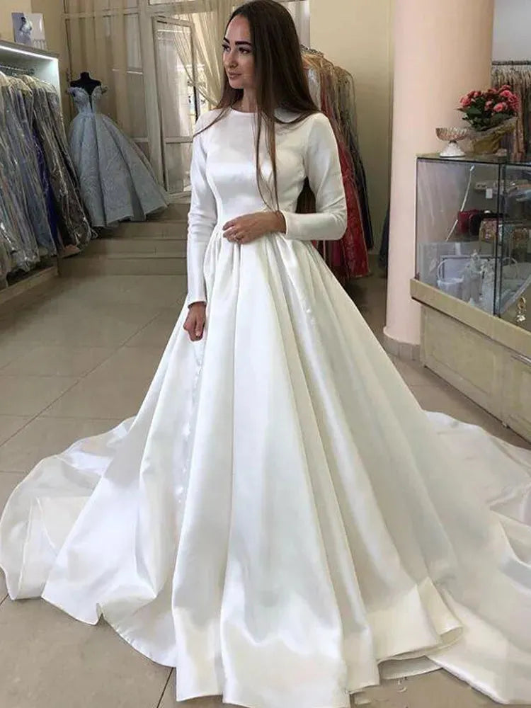 Muslim Wedding Dress | Princess Wedding Dresses Satin Long Sleeve Muslim Wedding Bride Dresses Long Train White Wedding Gown Vestido de novia Ivory 14w Satin