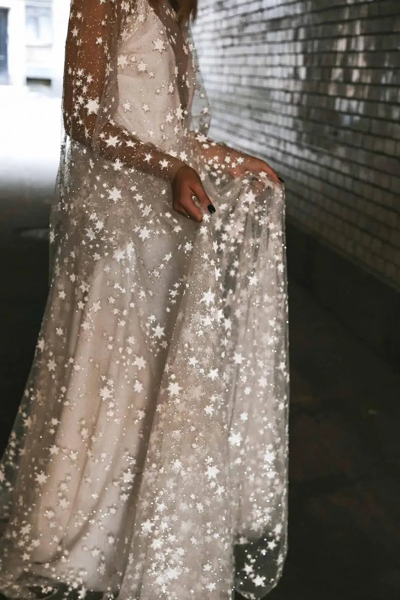 Glittering Star A Line Wedding Dresses Deep V-neck Bride Dresses Beach Boho Wedding Gowns Wedding Party Dresses