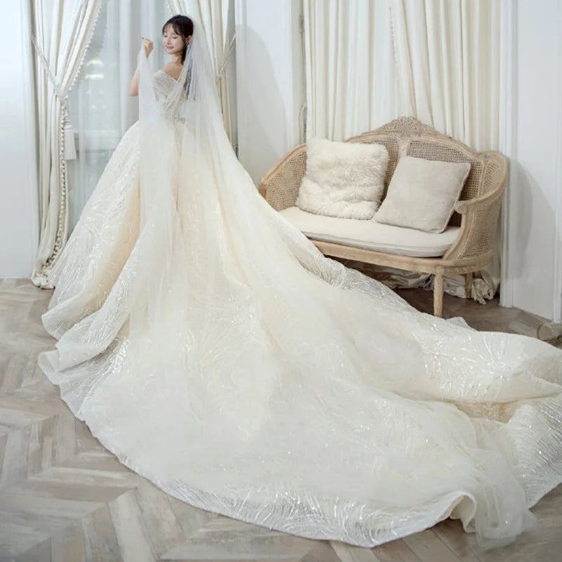 Vestido De novia De lentejuelas De lujo, Vestido De novia clásico con cuello barco y hombros descubiertos, Vestido De novia personalizado