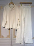 Casual Autumn Loose Knit Sweater Set Fashion Zip Lapel Long Sleeve Pullover Sweater & Straight Pants Two-piece Set WHITE