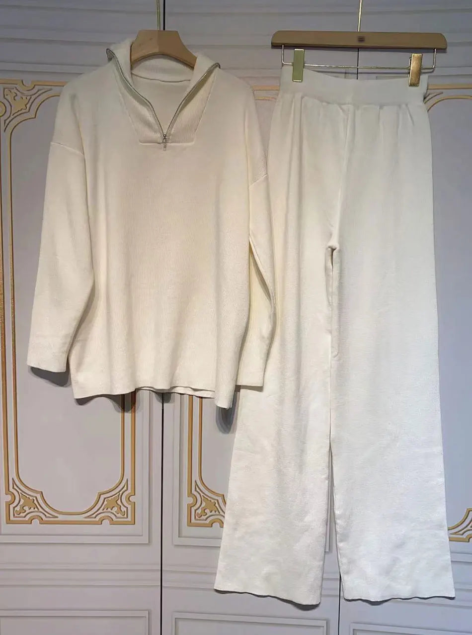 Casual Autumn Loose Knit Sweater Set Fashion Zip Lapel Long Sleeve Pullover Sweater & Straight Pants Two-piece Set WHITE
