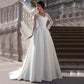 Modest Lace Appliqued A-line Satin Wedding Dress V Neck Sheer Back Long Sleeve For Women Princess Robe de Mariee Customize