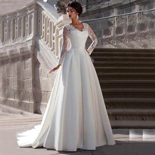 Robe de mariée en Satin ligne a avec des appliques en dentelle, modeste, col en V, dos transparent, manches longues, pour femmes, Robe de princesse personnalisée 