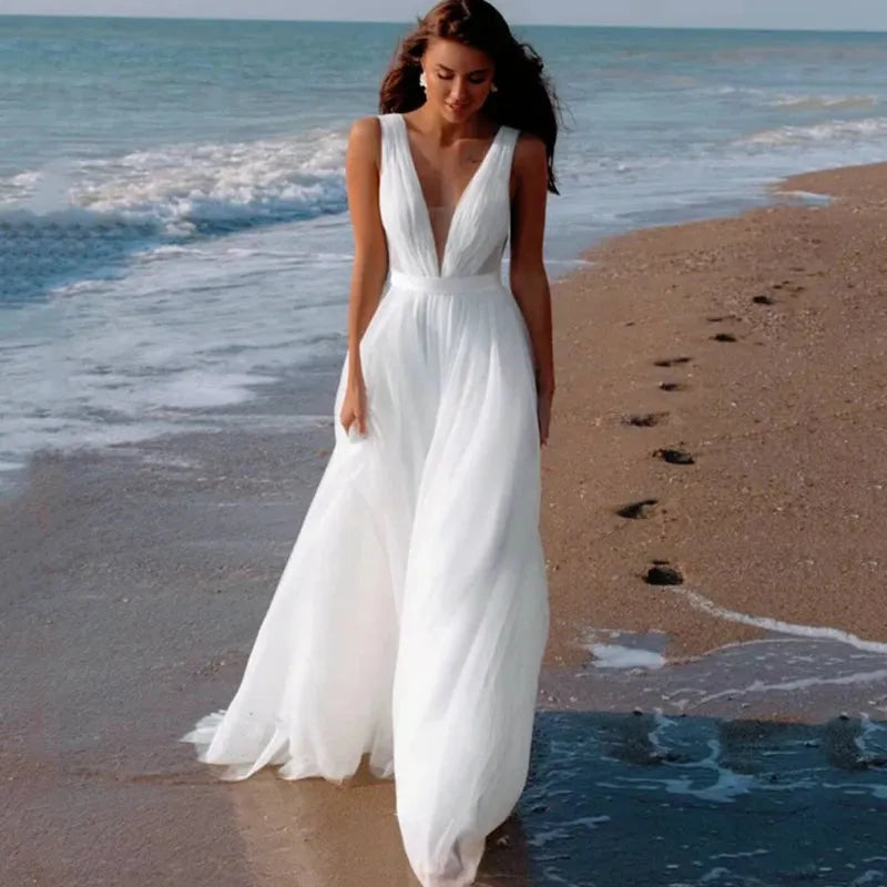 Beach Wedding Dresses White Ivory Long Boho Simple Pleats Deep V Neck Elegant Illusion Bridal Gowns Sweep Train Women Bride WHITE