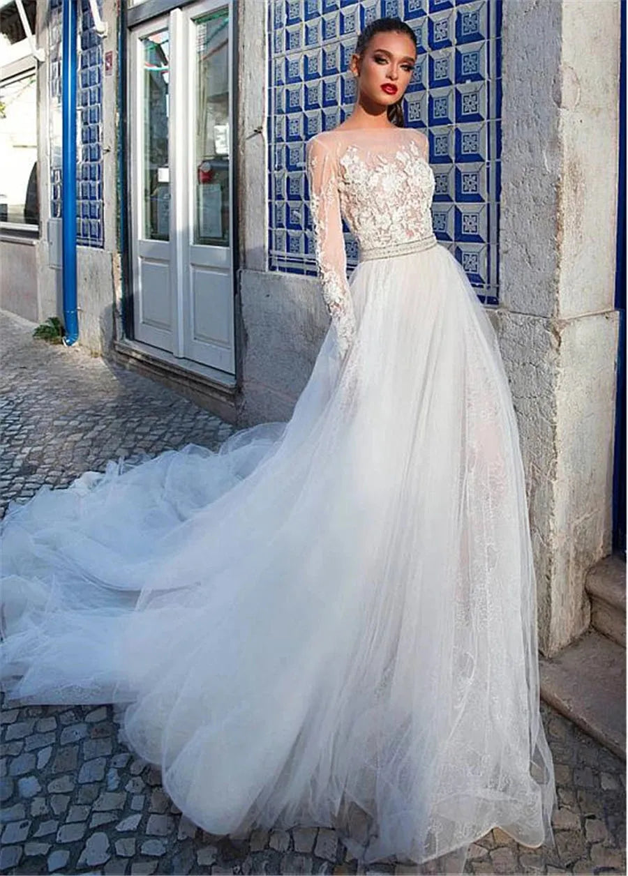 Illusion Scoop Neck Beaded Applique Lace Crystal Belt Tulle A-line Wedding Dress Long Sleeve vestidos de novia 2021 Wedding Gown Same as picture