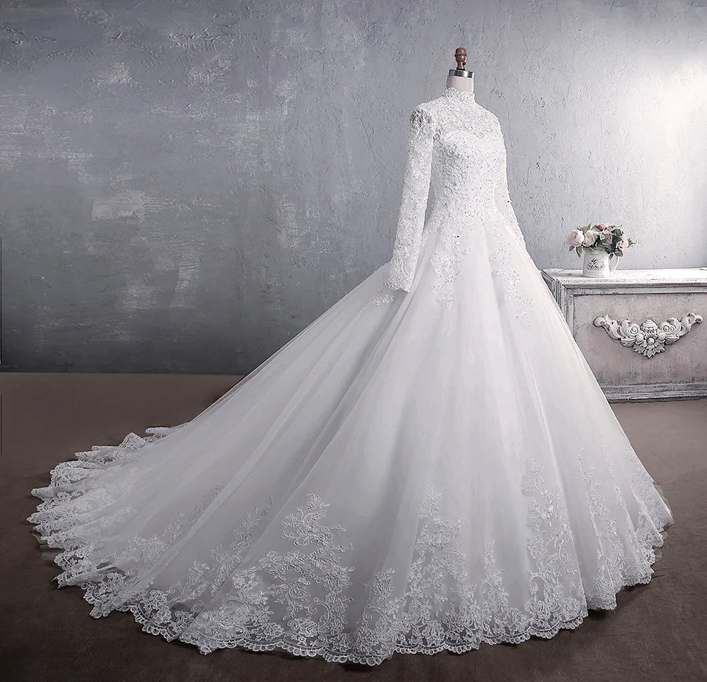 Muslimisches Hochzeitskleid eleganter hoher Hals mit Zug Prinzessin Braut Kleid Luxus Lace Stickerei Hochzeitskleid Vestido de Noiva