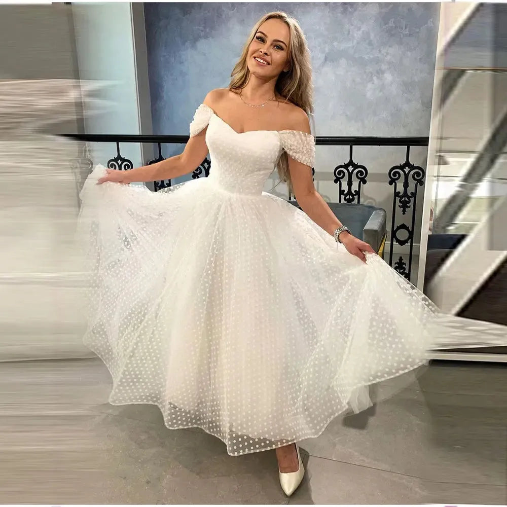 Simple A Line Short Wedding Dress Off The Shoulder Dot Tulle Bridal Gown Ankle Length Custom Made Vestidos De Novia 14w