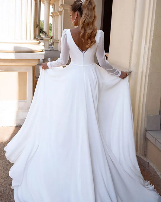 Lovedress Boho V-Neck Wedding Dress untuk Wanita Lengan Panjang Melipat A-Line Simple Chiffon Bride Gown Sweep Train Vestido de Novia
