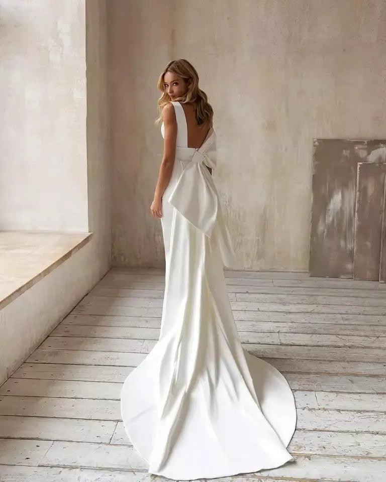 Pakaian Perkahwinan Mermaid Digress Delocable Train Bow V-Neck Elegant White Ivory Boho Simple Gown Gaun Tanpa Lengan Vestidos de Novia