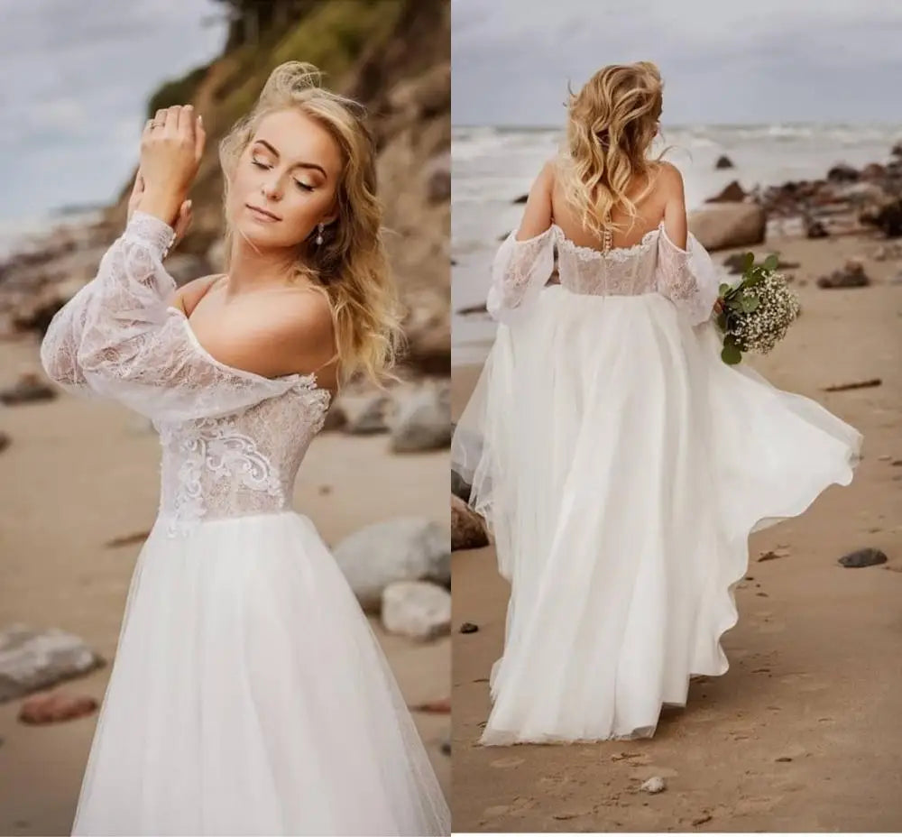 Boho Bride Dress Bohemian Pantai Perkahwinan Pakaian Permainan Lantai Panjang Lantai Panjang Long Puff Gaun Pengantin Long Puff untuk Wanita Sayang