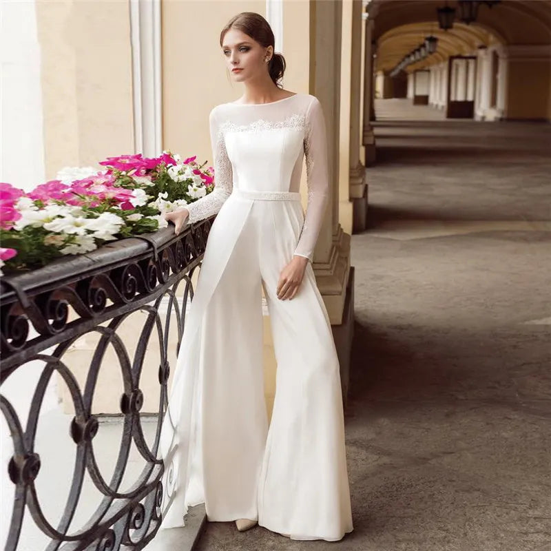 Jumpsuits gaun pengantin untuk wanita yang dapat dilepas mutiara sabuk sifon renda jumpsuit bride reception celana jubah jubah de mariee