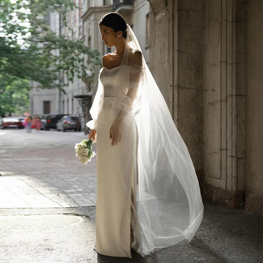 Vestidos de Novia elegantes con hombros descubiertos, mangas completas, Apliques de encaje, vestidos de Novia con abertura lateral, ilusión hasta el suelo, Vestido de Novia