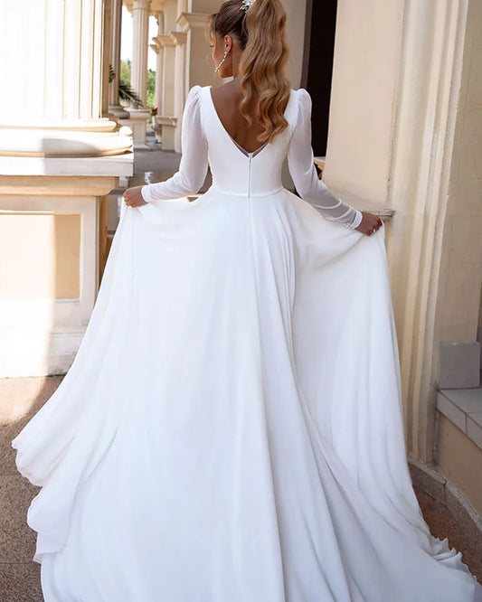 Gaun Perkahwinan V-Neck Elegant V-Neck Lengan Panjang Gaun Perkahwinan Sederhana Gaun Pengantin Backless Untuk Wanita Robe De Mariee