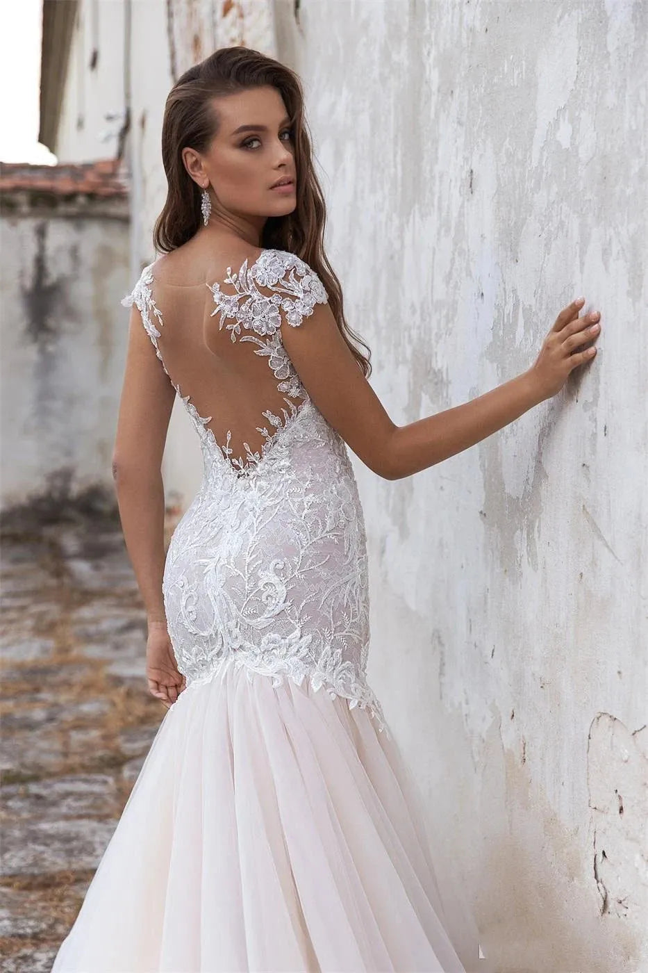 Cap Sleeve Lace Wedding Dresses Mermaid Appliques Sequins Marriage Bridal Gowns Court Train Plus Size illusion WHITE