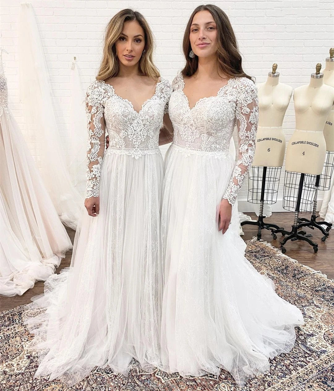 LSYX Bohemian Lengan Panjang Pakaian Perkahwinan Untuk Wanita Korset Rendah Lantai Lantai Renda Panjang Lace White Tulle Chiffon Gaun Pengantin