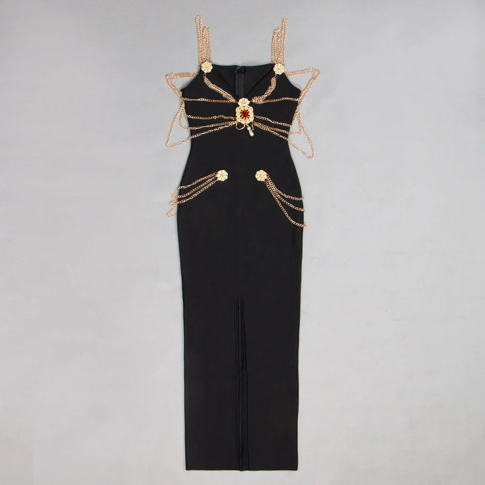 Runway Fashion Maxi Long Bandage Dress Open Fork Chains Strap Fashion Beading Bandage Dress Cocktail Party Bodycon Dresses as photo 2