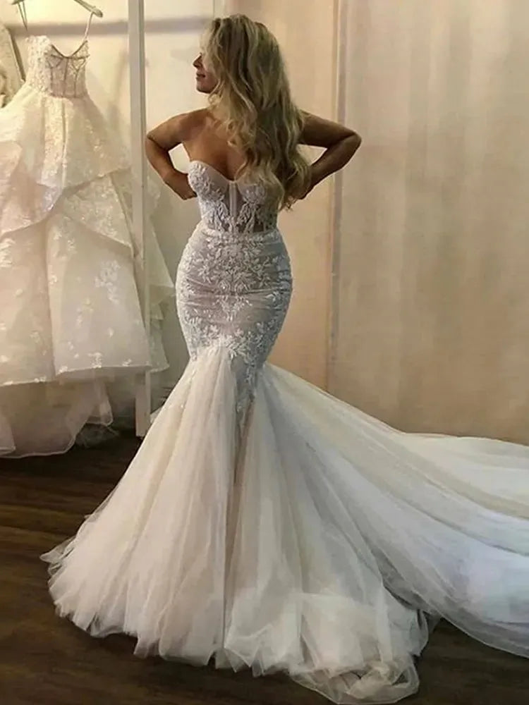Lace Wedding Dresses Mermaid Strapless Boho Fish Bridal Gowns Open Back Princess Party Gowns With Puffy Tulle Skirt Ivory 28w