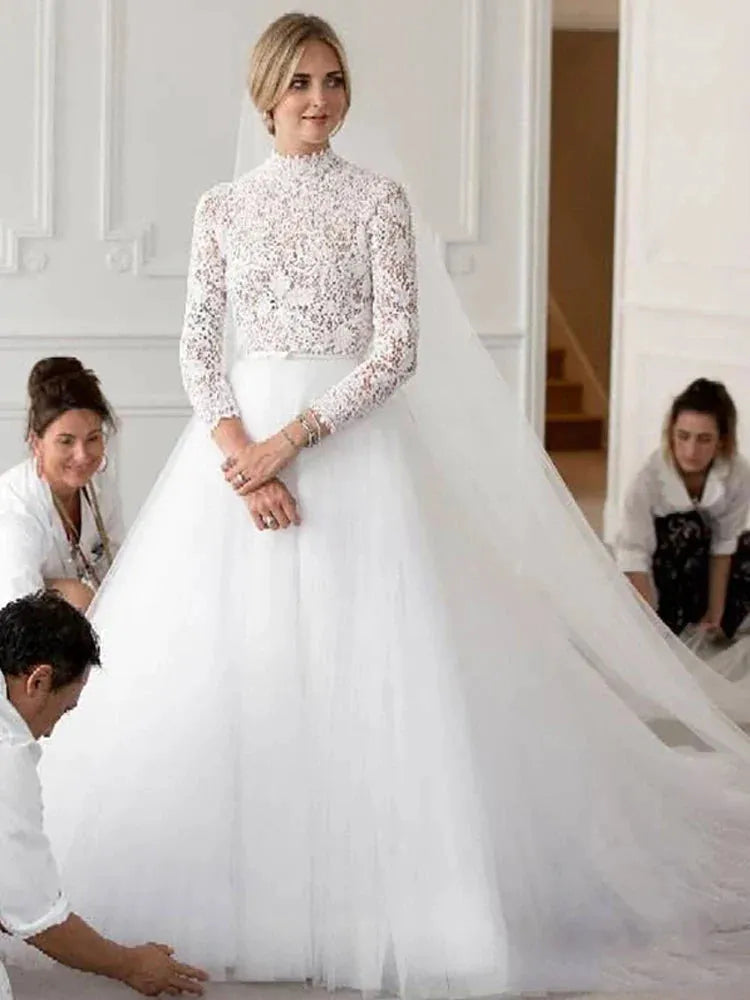 Muslim Wedding Dresses Long Sleeve High Princess Lace Bride Dresses Side Split Boho Vestidos de novia Ivory 14w